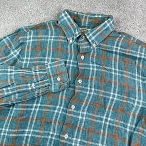 Ramblers Way Shirt Mens Large Blue Plaid Linen Button Down Made In USA Coastal
